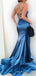 Blue Satin Strapless Mermaid Long Evening Prom Dresses, Custom Side Slit Prom Dress, MR8518