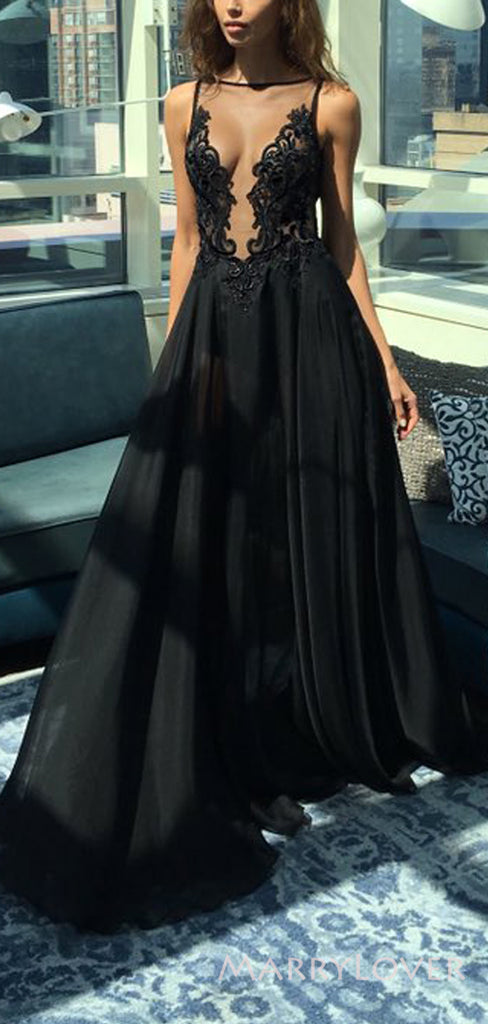 Deep V-neck Spaghetti Straps Black Long Evening Prom Dresses, Custom A-line Prom Dress, MR8520