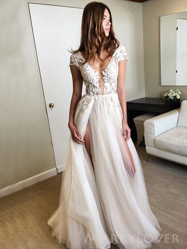 A-line Tulle Appliques Long Evening Prom Dresses, Custom High Slit Prom Dress, MR8522