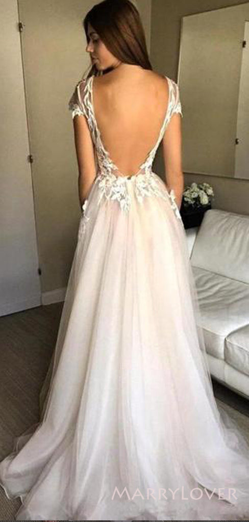 A-line Tulle Appliques Long Evening Prom Dresses, Custom High Slit Prom Dress, MR8522