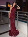 Simple Mermaid Burgundy Sequins Halter Long Evening Prom Dresses, Custom Prom Dress, MR8527