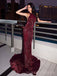 Simple Mermaid Burgundy Sequins Halter Long Evening Prom Dresses, Custom Prom Dress, MR8527