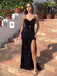 Mermaid Black Sequins Spaghetti Straps Long Evening Prom Dresses, Custom Side Slit Prom Dress, MR8529