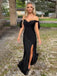 Off Shoulder Black Satin Mermaid Long Evening Prom Dresses, Custom Side Slit Prom Dress, MR8533