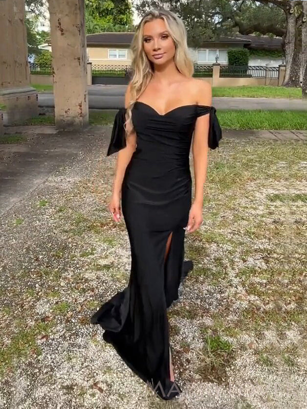 Off Shoulder Black Satin Mermaid Long Evening Prom Dresses, Custom Side Slit Prom Dress, MR8533