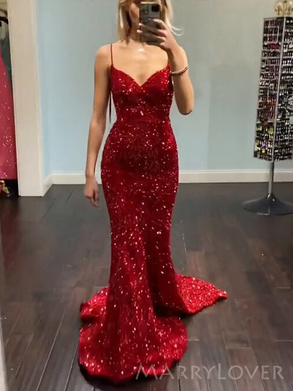 Simple Mermaid Red Sequins Spaghetti Straps Long Evening Prom Dresses, Custom Prom Dress, MR8534