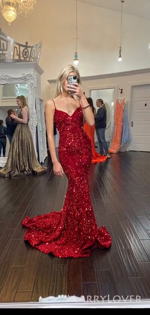 Simple Mermaid Red Sequins Spaghetti Straps Long Evening Prom Dresses, Custom Prom Dress, MR8534