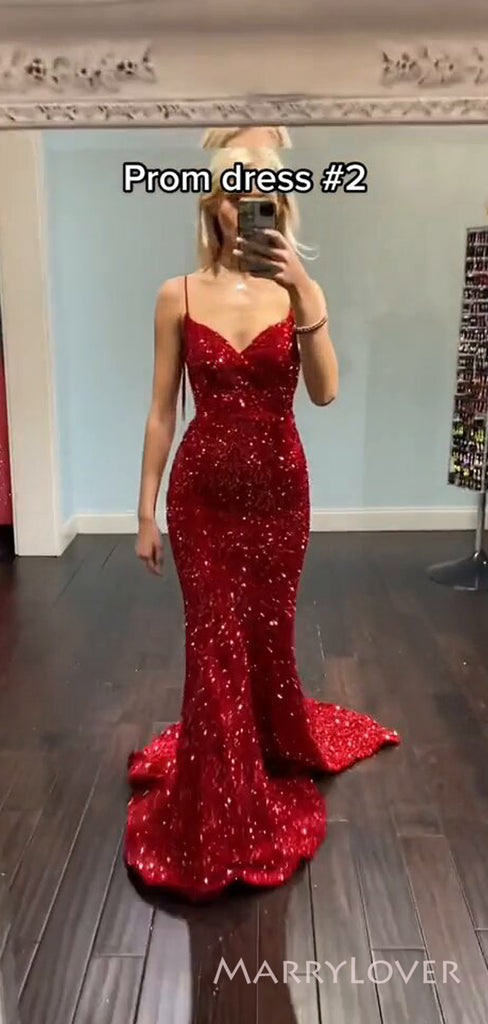 Simple Mermaid Red Sequins Spaghetti Straps Long Evening Prom Dresses, Custom Prom Dress, MR8534