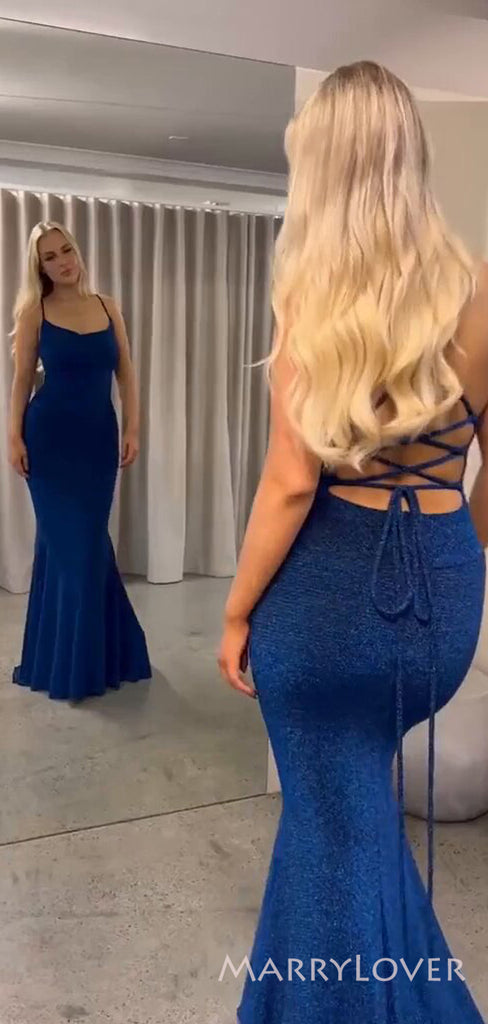 Simple Mermaid Spaghetti Straps Blue Long Evening Prom Dresses, Custom Prom Dress, MR8539