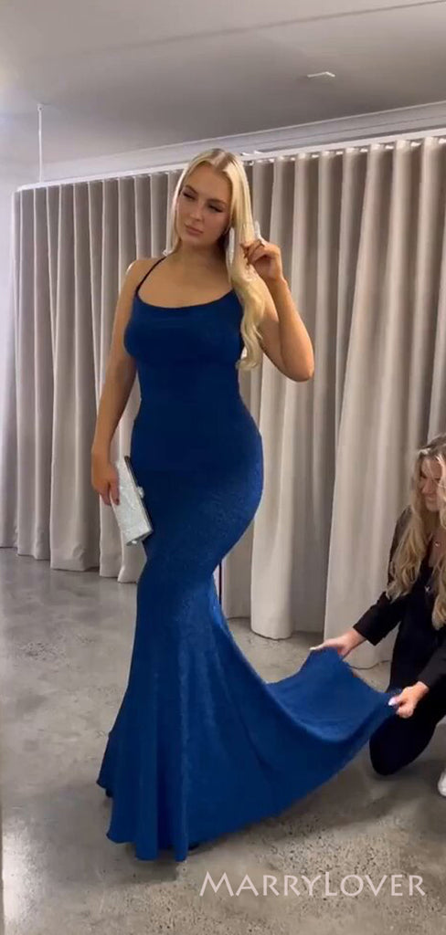 Simple Mermaid Spaghetti Straps Blue Long Evening Prom Dresses, Custom Prom Dress, MR8539