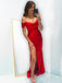 Simple Off Shoulder Red Satin Long Evening Prom Dresses, Custom Side Slit Prom Dress, MR8541