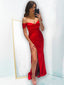 Simple Off Shoulder Red Satin Long Evening Prom Dresses, Custom Side Slit Prom Dress, MR8541