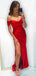 Simple Off Shoulder Red Satin Long Evening Prom Dresses, Custom Side Slit Prom Dress, MR8541