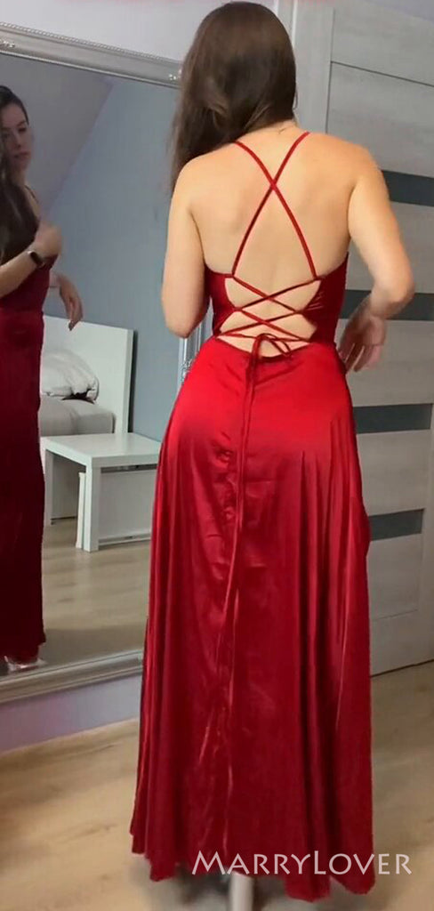 Simple Red Satin Spaghetti Straps Long Evening Prom Dresses, Custom High Slit Prom Dress, MR8546