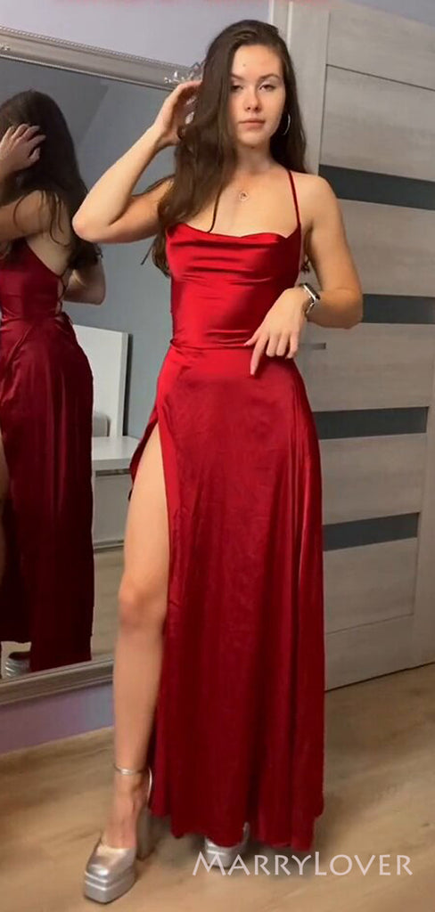 Simple Red Satin Spaghetti Straps Long Evening Prom Dresses, Custom High Slit Prom Dress, MR8546