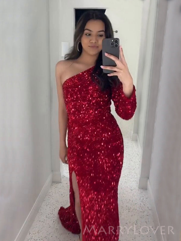 Mermaid Red Sequins One Shoulder Long Evening Prom Dresses, Custom Side Slit Prom Dress, MR8547