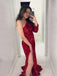 Mermaid Red Sequins One Shoulder Long Evening Prom Dresses, Custom Side Slit Prom Dress, MR8547