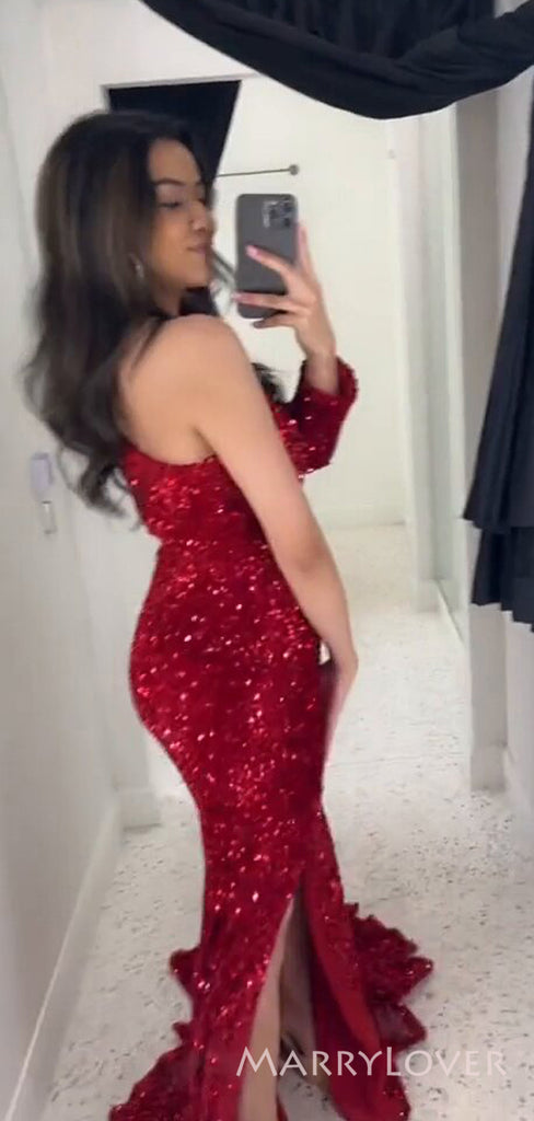 Mermaid Red Sequins One Shoulder Long Evening Prom Dresses, Custom Side Slit Prom Dress, MR8547