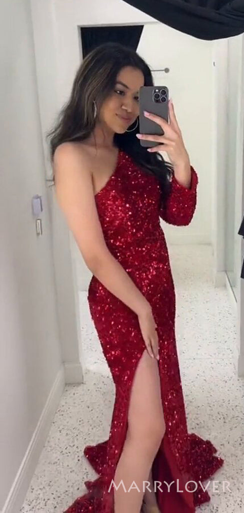 Mermaid Red Sequins One Shoulder Long Evening Prom Dresses, Custom Side Slit Prom Dress, MR8547