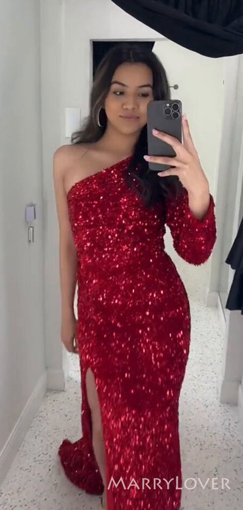 Mermaid Red Sequins One Shoulder Long Evening Prom Dresses, Custom Side Slit Prom Dress, MR8547