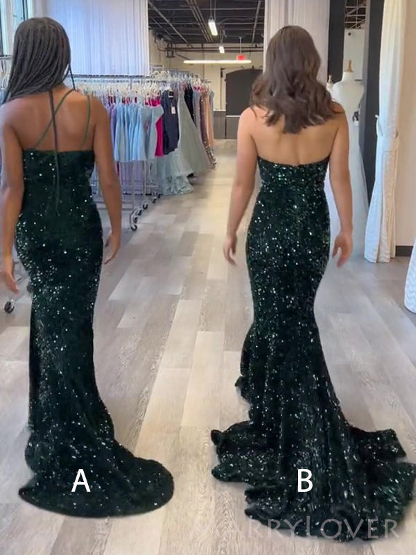 Simple Mermaid Dark Green Sequins Long Evening Prom Dresses, Custom Prom Dress, MR8550