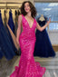 Deep V-neck Mermaid Sequins Long Evening Prom Dresses, Custom Prom Dress, MR8551