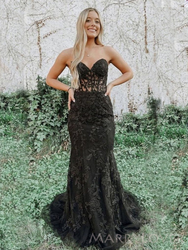 Mermaid Black Tulle Appliques Strapless Long Evening Prom Dresses, Custom Prom Dress, MR8556