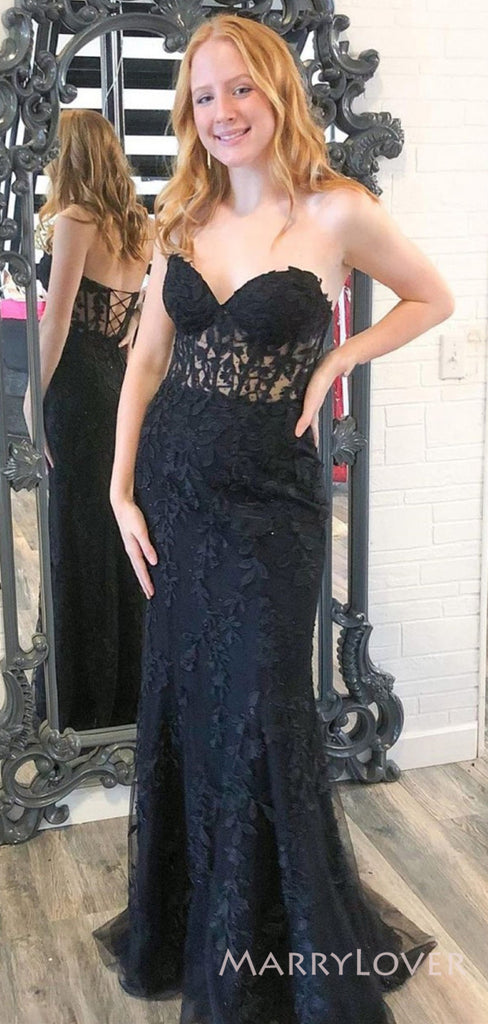 Mermaid Black Tulle Appliques Strapless Long Evening Prom Dresses, Custom Prom Dress, MR8556