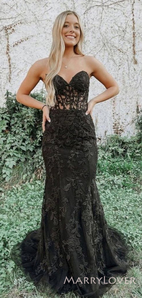 Mermaid Black Tulle Appliques Strapless Long Evening Prom Dresses, Custom Prom Dress, MR8556