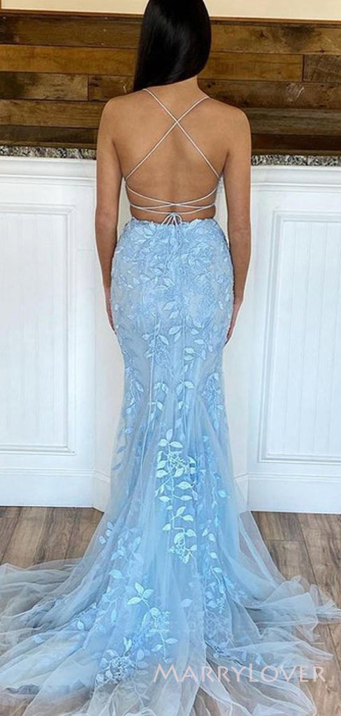 Two Pieces Mermaid Blue Tulle Appliques Long Evening Prom Dresses, Custom Prom Dress, MR8560