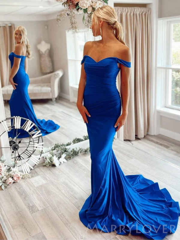 Royal Blue Satin Off Shoulder Long Evening Prom Dresses, Custom Mermaid Prom Dress, MR8562