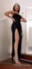 Simple Mermaid Spaghetti Straps Black Long Evening Prom Dresses, Custom High Slit Prom Dress, MR8564