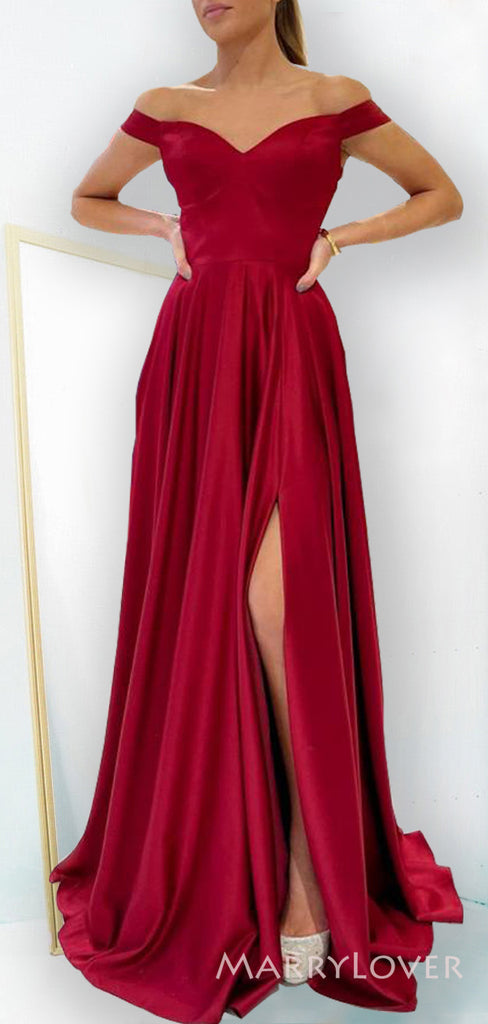 Off Shoulder Red Satin A-line Long Evening Prom Dresses, Custom Side Slit Prom Dress, MR8566