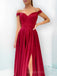 Off Shoulder Red Satin A-line Long Evening Prom Dresses, Custom Side Slit Prom Dress, MR8566