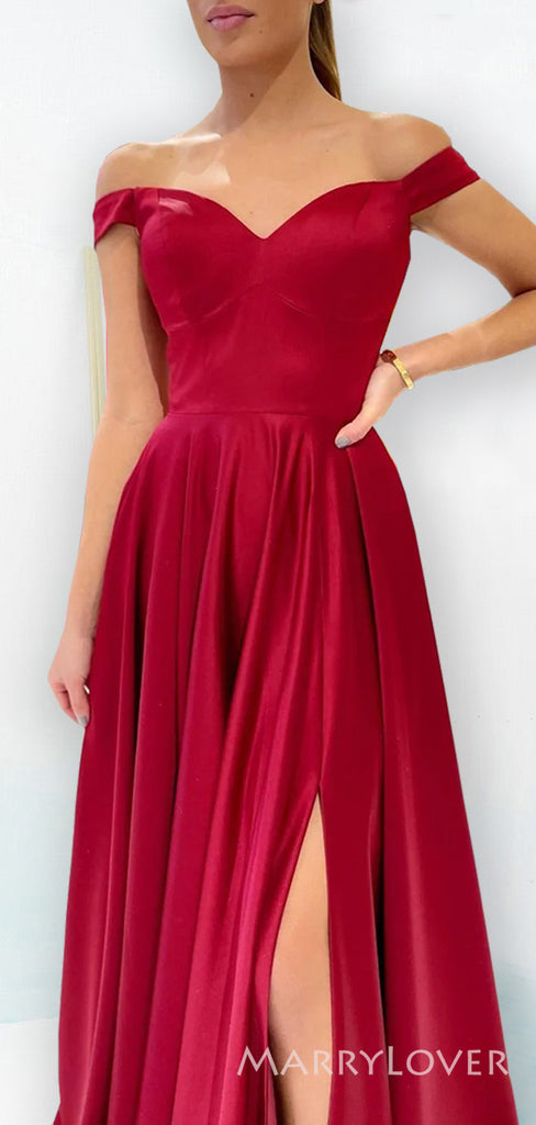 Off Shoulder Red Satin A-line Long Evening Prom Dresses, Custom Side Slit Prom Dress, MR8566