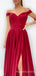 Off Shoulder Red Satin A-line Long Evening Prom Dresses, Custom Side Slit Prom Dress, MR8566