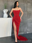 Simple Mermaid Red Satin Strapless Long Evening Prom Dresses, Custom High Slit Prom Dress, MR8568