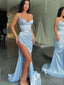 Blue Satin Mermaid High Slit Strapless Long Evening Prom Dresses, Custom Prom Dress, MR8570