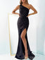 One Shoulder Black Satin Mermaid Long Evening Prom Dresses, Custom Prom Dress, MR8574