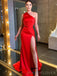 Simple One Shoulder Red Satin Mermaid Long Evening Prom Dresses, Custom Side Slit Prom Dress, MR8575