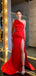 Simple One Shoulder Red Satin Mermaid Long Evening Prom Dresses, Custom Side Slit Prom Dress, MR8575