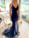 Sexy V-neck Spaghetti Straps Mermaid Lace Long Evening Prom Dresses, Custom Prom Dress, MR8579