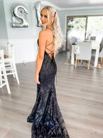 Sexy V-neck Spaghetti Straps Mermaid Lace Long Evening Prom Dresses, Custom Prom Dress, MR8579