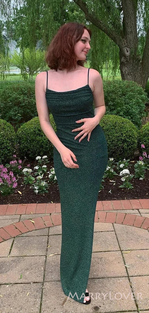 Dark Green Sheath Spaghetti Straps Mermaid Long Evening Prom Dresses, Custom Side Slit Prom Dress, MR8581