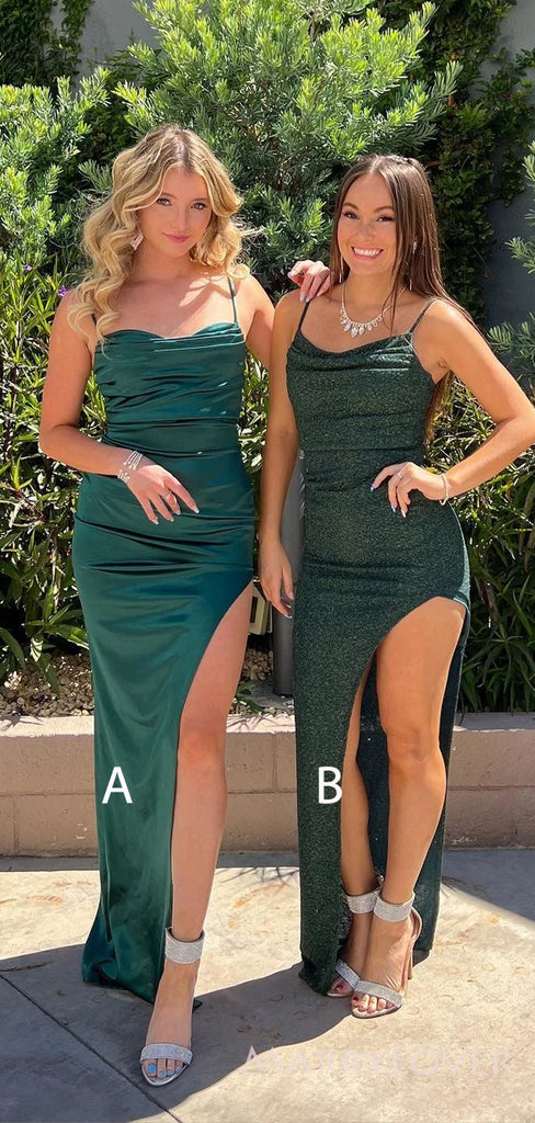Dark Green Sheath Spaghetti Straps Mermaid Long Evening Prom Dresses, Custom Side Slit Prom Dress, MR8581
