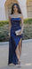 Mermaid Strapless Navy Blue Satin Long Evening Prom Dresses, Custom Side Slit Prom Dress, MR8582