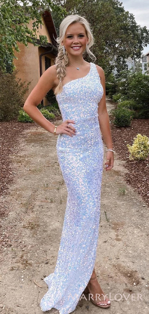 One Shoulder Sequins Mermaid Long Evening Prom Dresses, Custom Side Slit Prom Dress, MR8583