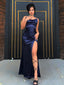 Mermaid Spaghetti Straps Navy Blue Satin Long Evening Prom Dresses, Custom Side Slit Prom Dress, MR8584