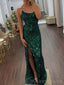 Spaghetti Straps Dark Green Sequins Mermaid Long Evening Prom Dresses, Custom Side Slit Prom Dress, MR8588