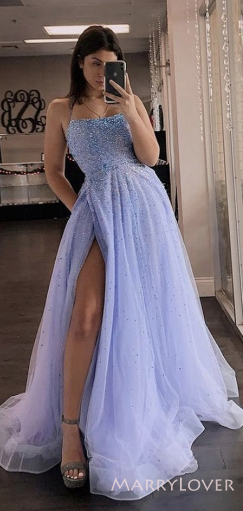 A-line Strapless Tulle Beaded Long Evening Prom Dresses, Custom High Slit prom Dress, MR8592